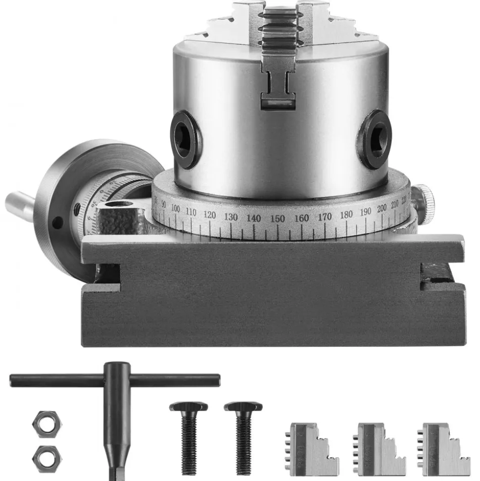 VEVOR Milling Machine Rotary Table, 4''/100 mm, Versatile Horizontal & Vertical Design, Precision Crafted, Includes 3.1''/80 mm 3-Jaw Chuck, M10 T-Bolts & Nuts, Ideal for Engineering & Indexing