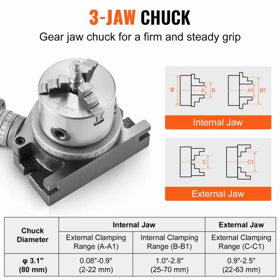 VEVOR Milling Machine Rotary Table, 4''/100 mm, Versatile Horizontal & Vertical Design, Precision Crafted, Includes 3.1''/80 mm 3-Jaw Chuck, M10 T-Bolts & Nuts, Ideal for Engineering & Indexing