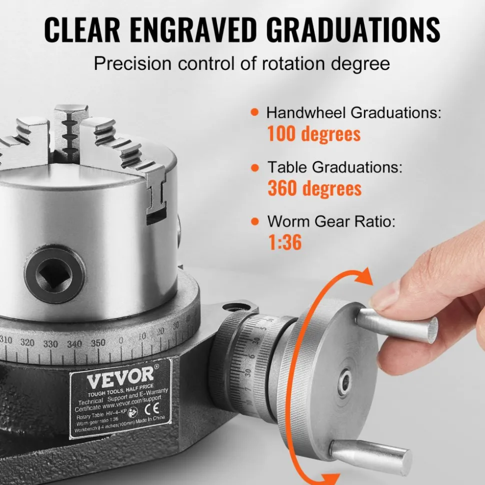 VEVOR Milling Machine Rotary Table, 4''/100 mm, Versatile Horizontal & Vertical Design, Precision Crafted, Includes 3.1''/80 mm 3-Jaw Chuck, M10 T-Bolts & Nuts, Ideal for Engineering & Indexing