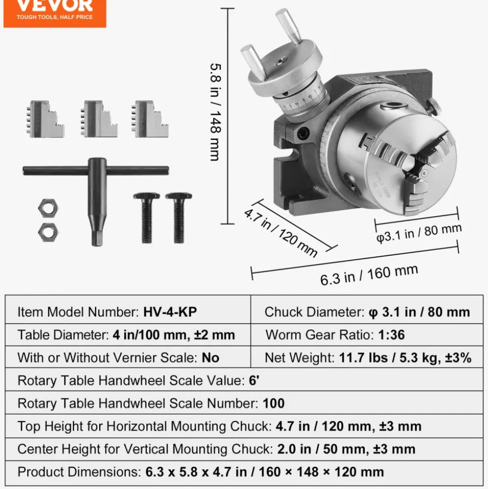 VEVOR Milling Machine Rotary Table, 4''/100 mm, Versatile Horizontal & Vertical Design, Precision Crafted, Includes 3.1''/80 mm 3-Jaw Chuck, M10 T-Bolts & Nuts, Ideal for Engineering & Indexing
