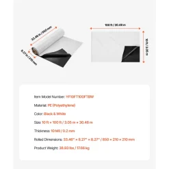 VEVOR 10 Mil Plastic Sheeting Heavy Duty 10' x 100', Thick Plastic Sheeting Roll, Plastic Drop Cloth Painters Tarp Covering for Crawl Space Vapor Barrier, Black and White Double-Sided, Multi-Purpose