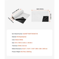 VEVOR 14 Mil Plastic Sheeting Heavy Duty 10' x 100', Thick Plastic Sheeting Roll, Plastic Drop Cloth Painters Tarp Covering for Crawl Space Vapor Barrier, Black and White Double-Sided, Multi-Purpose