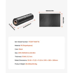 VEVOR 10 Mil Plastic Sheeting Heavy Duty 20' x 100', Thick Plastic Sheeting Roll, Plastic Drop Cloth Painters Tarp, Polyethylene Covering for Crawl Space Vapor Barrier, Multi-Purpose, Black