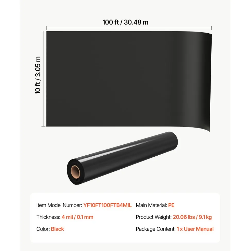VEVOR 4 Mil Plastic Sheeting 10' x 100' Black Heavy Duty Polyethylene Roll, Thick Plastic Roll for Garden, Drop Cloth Painters Tarp, Polyethylene Covering for Crawl Space Vapor Barrier, Weed Control