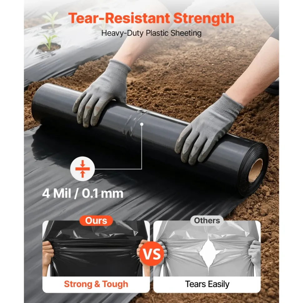 VEVOR 4 Mil Plastic Sheeting 10' x 100' Black Heavy Duty Polyethylene Roll, Thick Plastic Roll for Garden, Drop Cloth Painters Tarp, Polyethylene Covering for Crawl Space Vapor Barrier, Weed Control