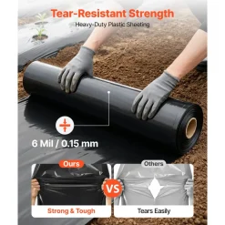 VEVOR 6 Mil Plastic Sheeting 20' x 100' Black Heavy Duty Polyethylene Roll, Thick Plastic Roll for Garden, Drop Cloth Painters Tarp, Polyethylene Covering for Crawl Space Vapor Barrier, Weed Control