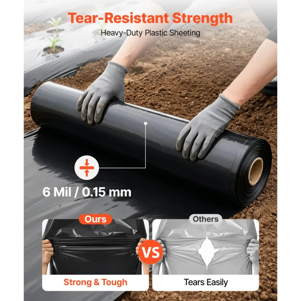 VEVOR 6 Mil Plastic Sheeting 20' x 100' Black Heavy Duty Polyethylene Roll, Thick Plastic Roll for Garden, Drop Cloth Painters Tarp, Polyethylene Covering for Crawl Space Vapor Barrier, Weed Control