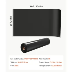 VEVOR 6 Mil Plastic Sheeting 20' x 100' Black Heavy Duty Polyethylene Roll, Thick Plastic Roll for Garden, Drop Cloth Painters Tarp, Polyethylene Covering for Crawl Space Vapor Barrier, Weed Control