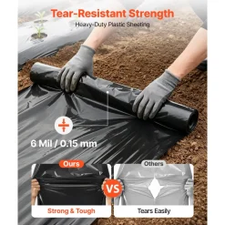 VEVOR 6 Mil Plastic Sheeting 10' x 25' Black Heavy Duty Polyethylene Roll, Thick Plastic Roll for Garden, Drop Cloth Painters Tarp, Polyethylene Covering for Crawl Space Vapor Barrier, Weed Control