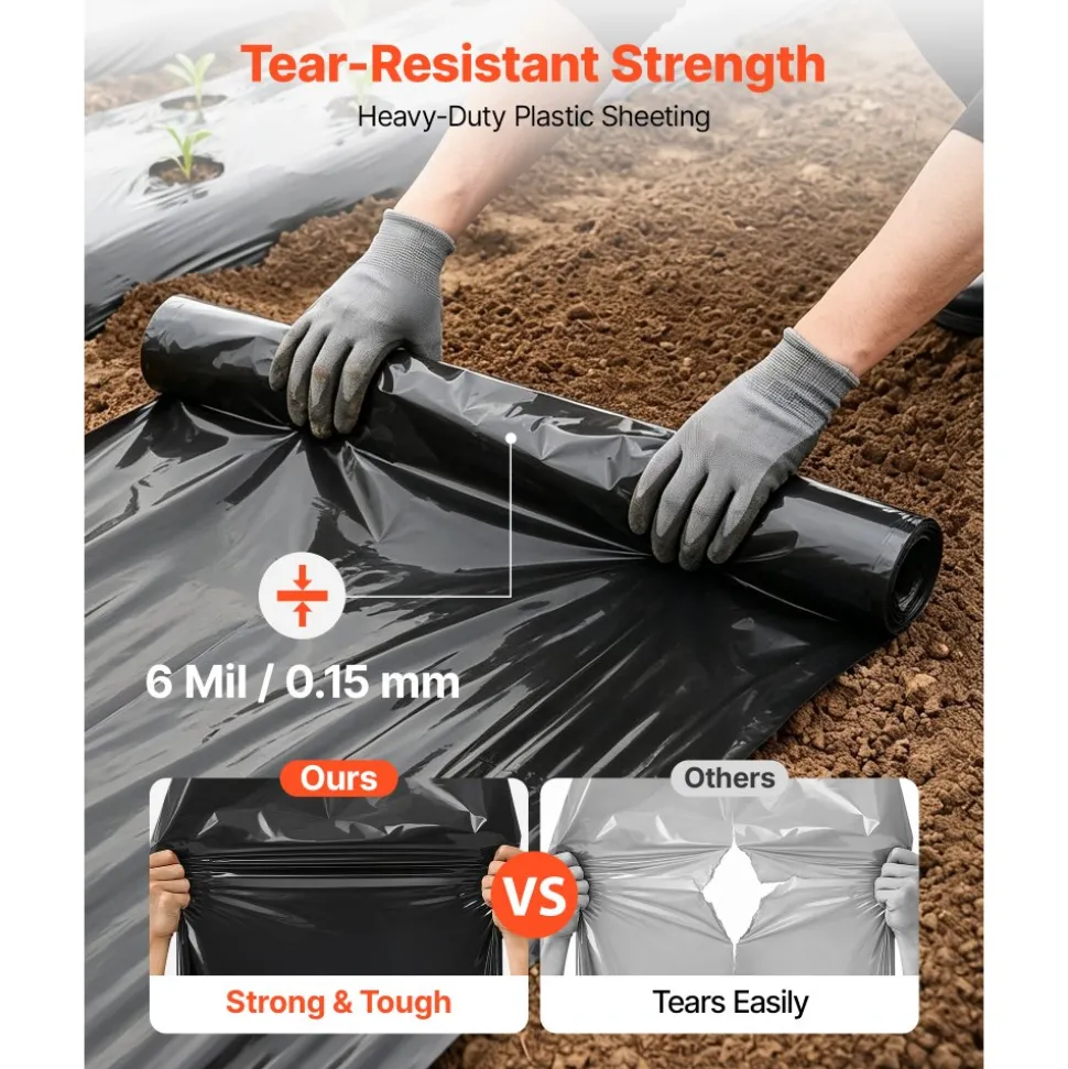 VEVOR 6 Mil Plastic Sheeting 10' x 25' Black Heavy Duty Polyethylene Roll, Thick Plastic Roll for Garden, Drop Cloth Painters Tarp, Polyethylene Covering for Crawl Space Vapor Barrier, Weed Control