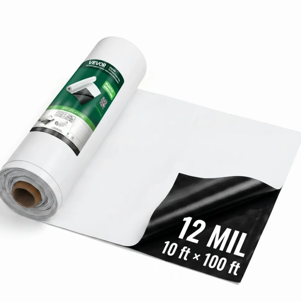 VEVOR 12 Mil Plastic Sheeting 10' x 100' Heavy Duty Thick Polyethylene Roll, Plastic Drop Cloth Painters Tarp, Polyethylene Covering for Crawl Space Vapor Barrier, Weed Control, Garden, Black & White