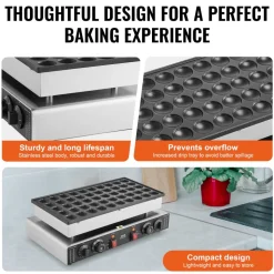 VEVOR Mini Dutch Pancake Maker, 50PCS 43mm Diameter Dorayaki Baker Machine, 1700W Commercial Electric Poffertjes Grill, Non-stick Stainless Steel, Dual Temp & Time Control, for Home Kitchen Restaurant
