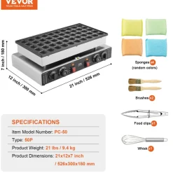 VEVOR Mini Dutch Pancake Maker, 50PCS 43mm Diameter Dorayaki Baker Machine, 1700W Commercial Electric Poffertjes Grill, Non-stick Stainless Steel, Dual Temp & Time Control, for Home Kitchen Restaurant