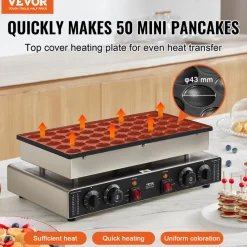 VEVOR Mini Dutch Pancake Maker, 50PCS 43mm Diameter Dorayaki Baker Machine, 1700W Commercial Electric Poffertjes Grill, Non-stick Stainless Steel, Dual Temp & Time Control, for Home Kitchen Restaurant