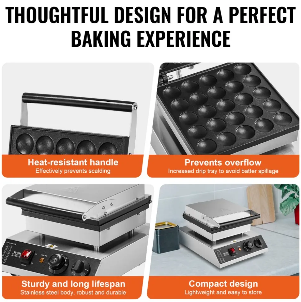 VEVOR Mini Dutch Pancake Maker, 25PCS 43mm Diameter Dorayaki Baker Machine, 1700W Commercial Electric Poffertjes Grill, Non-stick Stainless Steel, Temp & Time Control, for Home Kitchen Restaurant