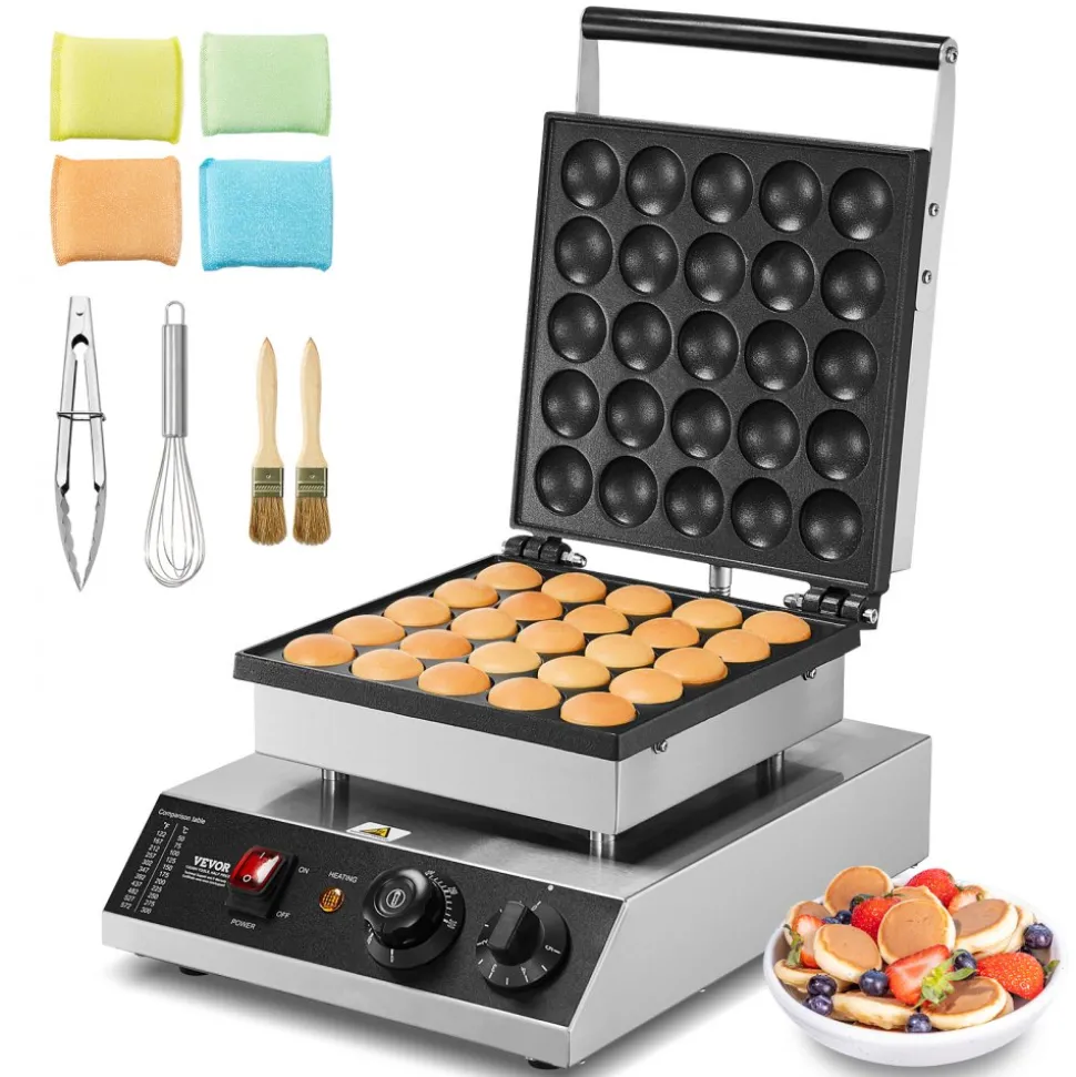 VEVOR Mini Dutch Pancake Maker, 25PCS 43mm Diameter Dorayaki Baker Machine, 1700W Commercial Electric Poffertjes Grill, Non-stick Stainless Steel, Temp & Time Control, for Home Kitchen Restaurant