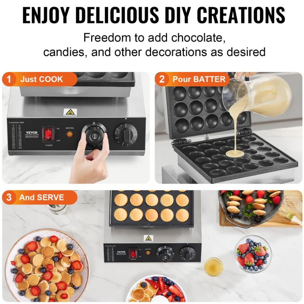 VEVOR Mini Dutch Pancake Maker, 25PCS 43mm Diameter Dorayaki Baker Machine, 1700W Commercial Electric Poffertjes Grill, Non-stick Stainless Steel, Temp & Time Control, for Home Kitchen Restaurant