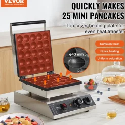 VEVOR Mini Dutch Pancake Maker, 25PCS 43mm Diameter Dorayaki Baker Machine, 1700W Commercial Electric Poffertjes Grill, Non-stick Stainless Steel, Temp & Time Control, for Home Kitchen Restaurant