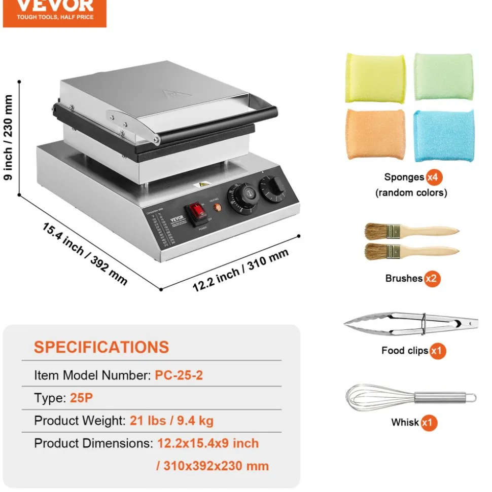 VEVOR Mini Dutch Pancake Maker, 25PCS 43mm Diameter Dorayaki Baker Machine, 1700W Commercial Electric Poffertjes Grill, Non-stick Stainless Steel, Temp & Time Control, for Home Kitchen Restaurant
