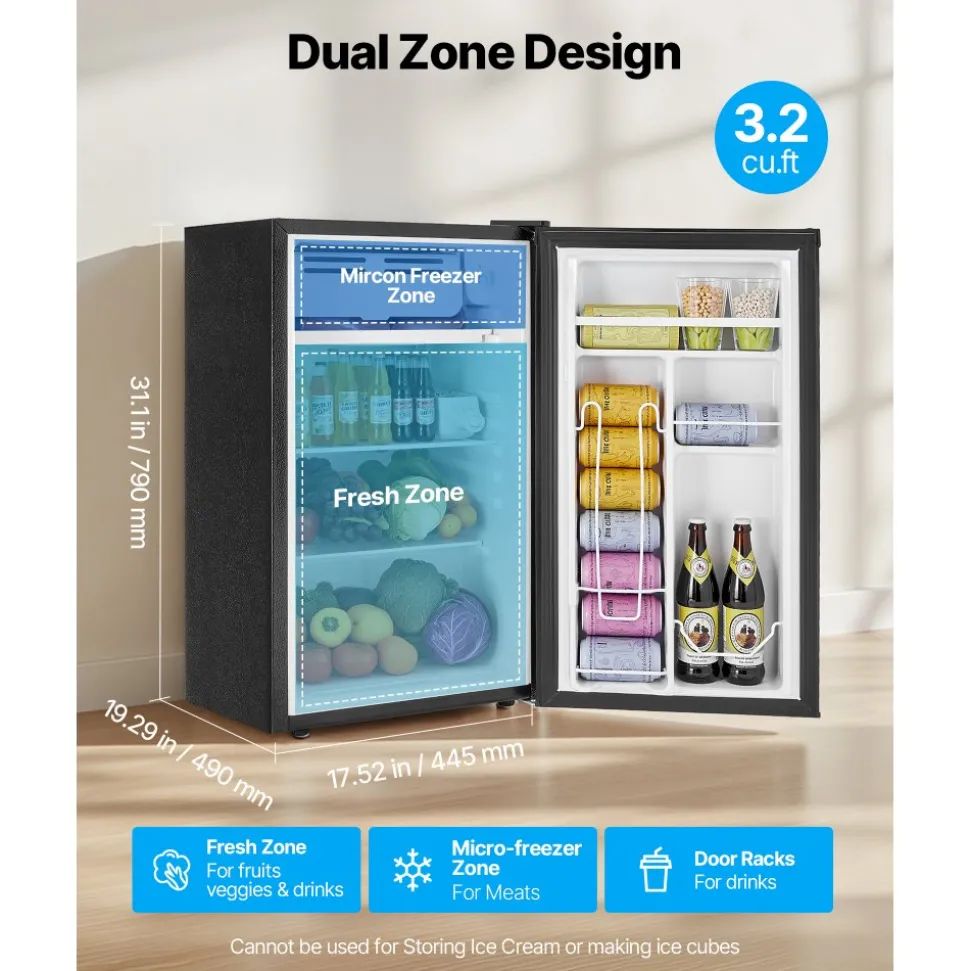 VEVOR Mini Fridge, 3.2 Cu.Ft, Single Door Compact Refrigerator, Adjustable Temperature, Glass Shelf, Energy Efficient Small Refrigerator, Reversible Door, Low Noise, for Bedroom Dorm Office, Black