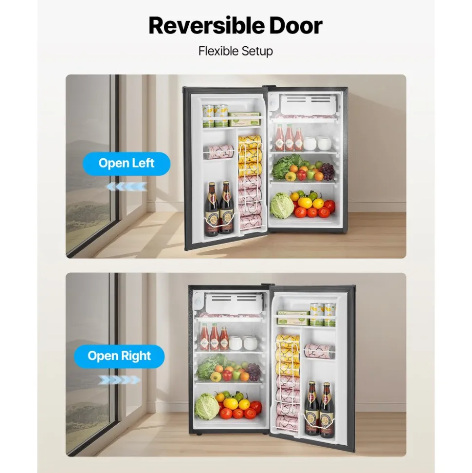 VEVOR Mini Fridge, 3.2 Cu.Ft, Single Door Compact Refrigerator, Adjustable Temperature, Glass Shelf, Energy Efficient Small Refrigerator, Reversible Door, Low Noise, for Bedroom Dorm Office, Black