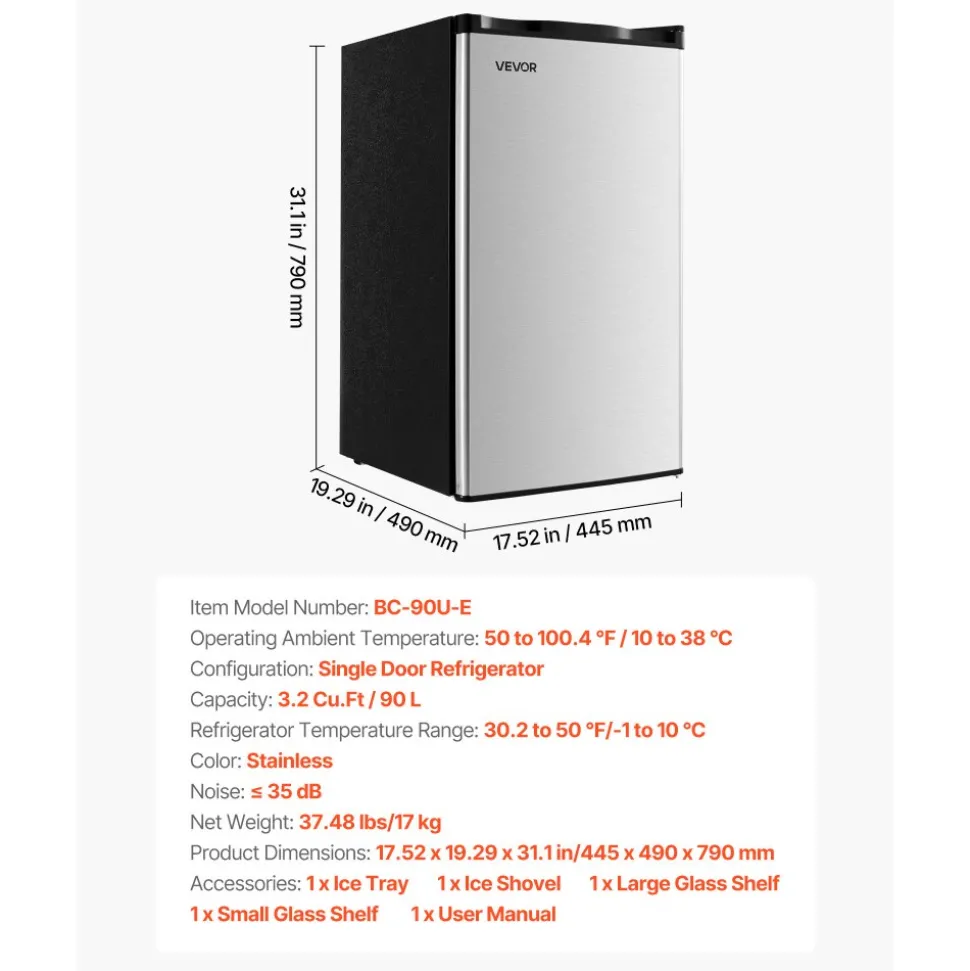 VEVOR Mini Fridge, 3.2 Cu.Ft, Single Door Compact Refrigerator, Adjustable Temperature, Glass Shelf, Energy Efficient Small Refrigerator, Reversible Door, Low Noise, for Bedroom Dorm Office, Stainless