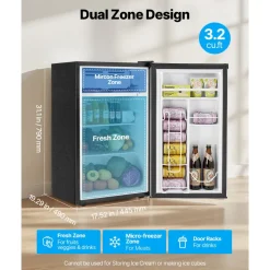 VEVOR Mini Fridge, 3.2 Cu.Ft, Single Door Compact Refrigerator, Adjustable Temperature, Glass Shelf, Energy Efficient Small Refrigerator, Reversible Door, Low Noise, for Bedroom Dorm Office, Stainless