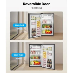 VEVOR Mini Fridge, 3.2 Cu.Ft, Single Door Compact Refrigerator, Adjustable Temperature, Glass Shelf, Energy Efficient Small Refrigerator, Reversible Door, Low Noise, for Bedroom Dorm Office, Stainless