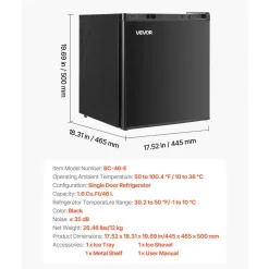 VEVOR Mini Fridge, 1.6 Cu.Ft, Single Door Compact Refrigerator, Adjustable Temperature, Metal Shelf, Energy Efficient Small Refrigerator, Reversible Door, Low Noise, for Bedroom Dorm Office, Black