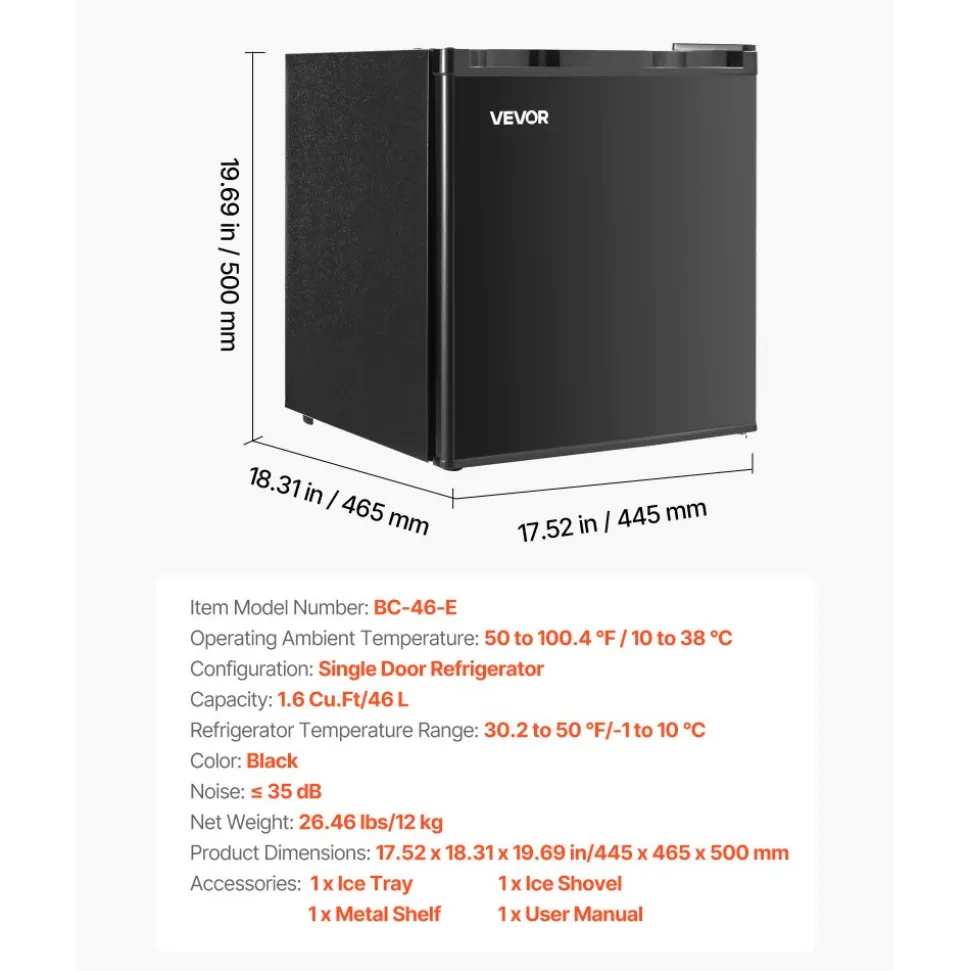 VEVOR Mini Fridge, 1.6 Cu.Ft, Single Door Compact Refrigerator, Adjustable Temperature, Metal Shelf, Energy Efficient Small Refrigerator, Reversible Door, Low Noise, for Bedroom Dorm Office, Black