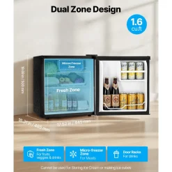 VEVOR Mini Fridge, 1.6 Cu.Ft, Single Door Compact Refrigerator, Adjustable Temperature, Metal Shelf, Energy Efficient Small Refrigerator, Reversible Door, Low Noise, for Bedroom, Office, Stainless