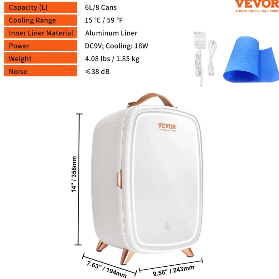 Vevor Mini Fridge for Bedroom, 6L Luxury Skin Care Fridges with Mirror and LED Light, AC/DC Cosmetic Fridge for Office Dorm Car, Small Makeup Refrigerator for Beauty Face Mask Beverage Chill, White