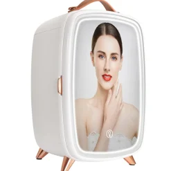 Vevor Mini Fridge for Bedroom, 6L Luxury Skin Care Fridges with Mirror and LED Light, AC/DC Cosmetic Fridge for Office Dorm Car, Small Makeup Refrigerator for Beauty Face Mask Beverage Chill, White