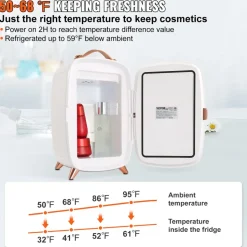 Vevor Mini Fridge for Bedroom, 6L Luxury Skin Care Fridges with Mirror and LED Light, AC/DC Cosmetic Fridge for Office Dorm Car, Small Makeup Refrigerator for Beauty Face Mask Beverage Chill, White