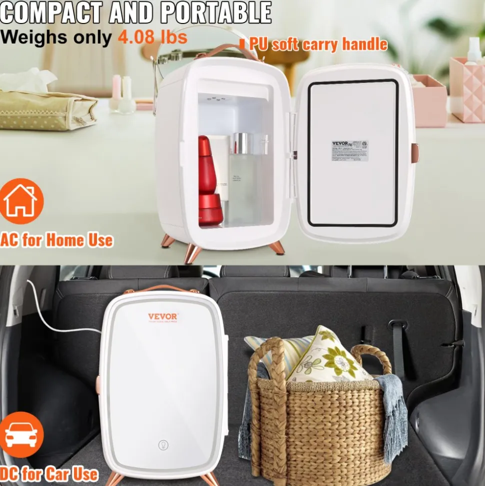 Vevor Mini Fridge for Bedroom, 6L Luxury Skin Care Fridges with Mirror and LED Light, AC/DC Cosmetic Fridge for Office Dorm Car, Small Makeup Refrigerator for Beauty Face Mask Beverage Chill, White