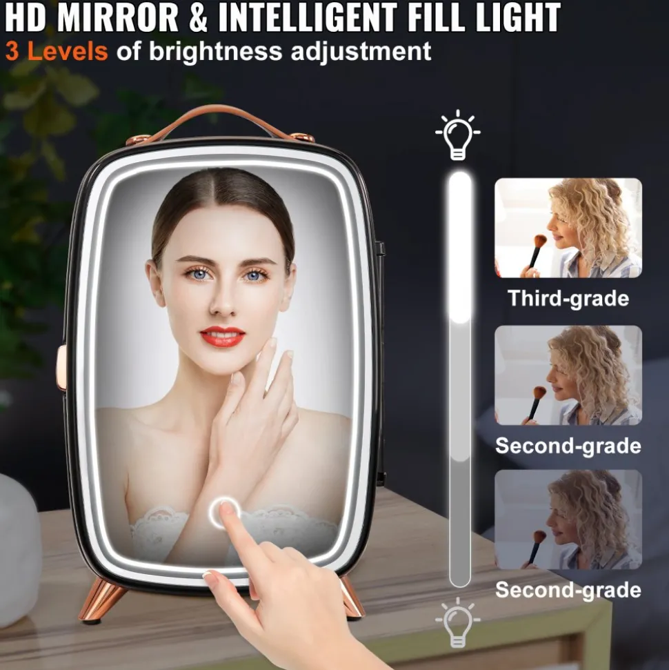 Vevor Mini Fridge, 6L Skincare Fridge with LED light and HD Mirror, AC/DC Makeup Fridges for Skin Care, Cosmetic Storage, Chill Face Mask Drink, Small Refrigerator for Bedroom Dorm Desktop, Black