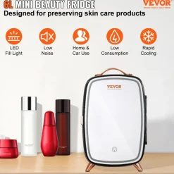 Vevor Mini Fridge, 6L Skincare Fridge with LED light and HD Mirror, AC/DC Makeup Fridges for Skin Care, Cosmetic Storage, Chill Face Mask Drink, Small Refrigerator for Bedroom Dorm Desktop, Black
