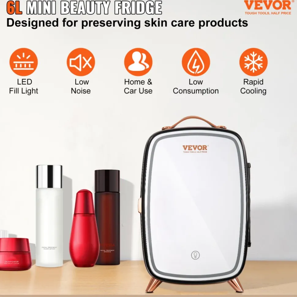 Vevor Mini Fridge, 6L Skincare Fridge with LED light and HD Mirror, AC/DC Makeup Fridges for Skin Care, Cosmetic Storage, Chill Face Mask Drink, Small Refrigerator for Bedroom Dorm Desktop, Black