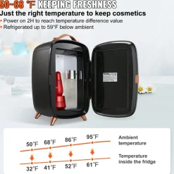 Vevor Mini Fridge, 6L Skincare Fridge with LED light and HD Mirror, AC/DC Makeup Fridges for Skin Care, Cosmetic Storage, Chill Face Mask Drink, Small Refrigerator for Bedroom Dorm Desktop, Black
