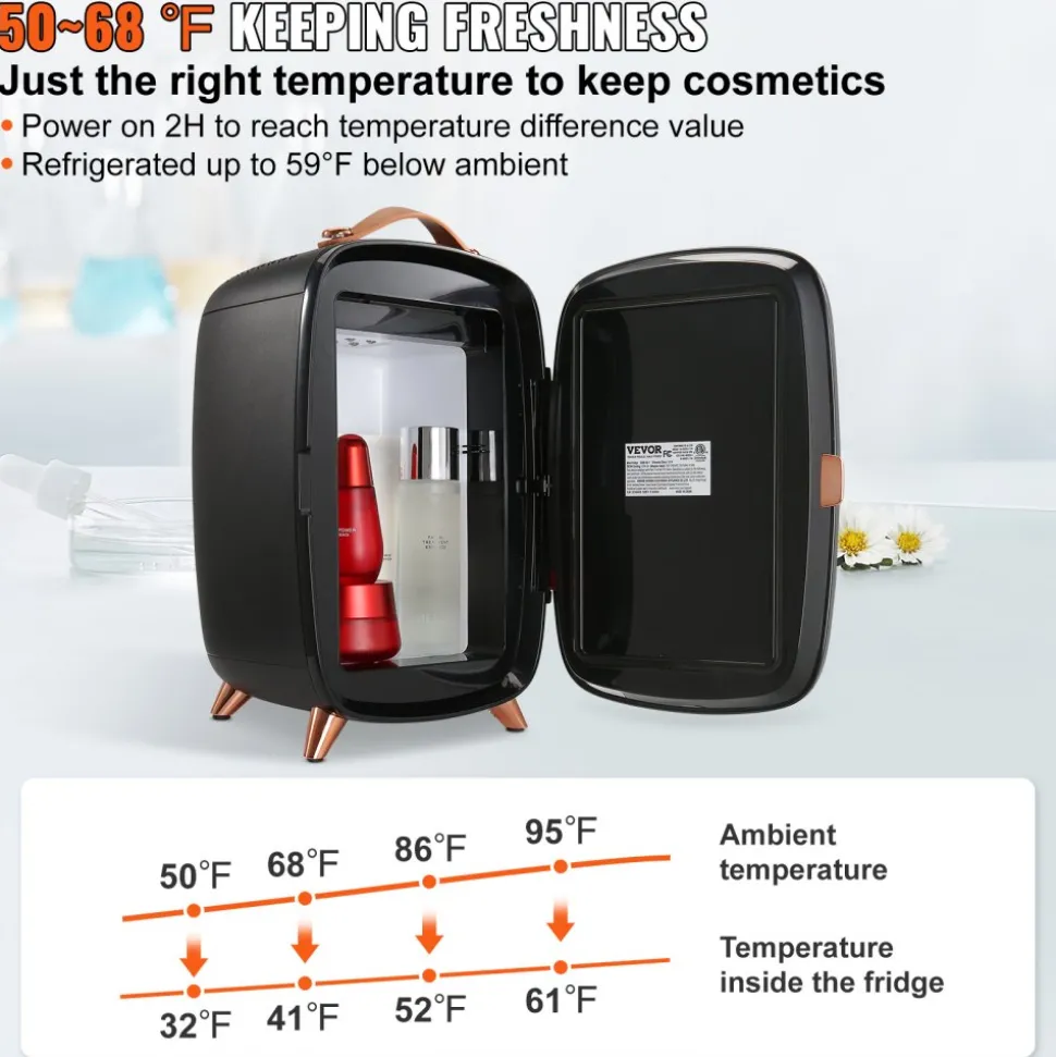 Vevor Mini Fridge, 6L Skincare Fridge with LED light and HD Mirror, AC/DC Makeup Fridges for Skin Care, Cosmetic Storage, Chill Face Mask Drink, Small Refrigerator for Bedroom Dorm Desktop, Black