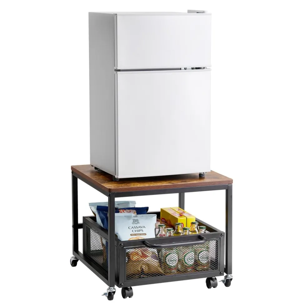 VEVOR Mini Fridge Stand with Storage, 198 lbs Mini Fridge Table with Movable Storage Cart & Swivel Wheels, Beverage Refrigerator Stand for Coffee Bar, Mini Fridge Organizer for Home Dorm, Light Brown