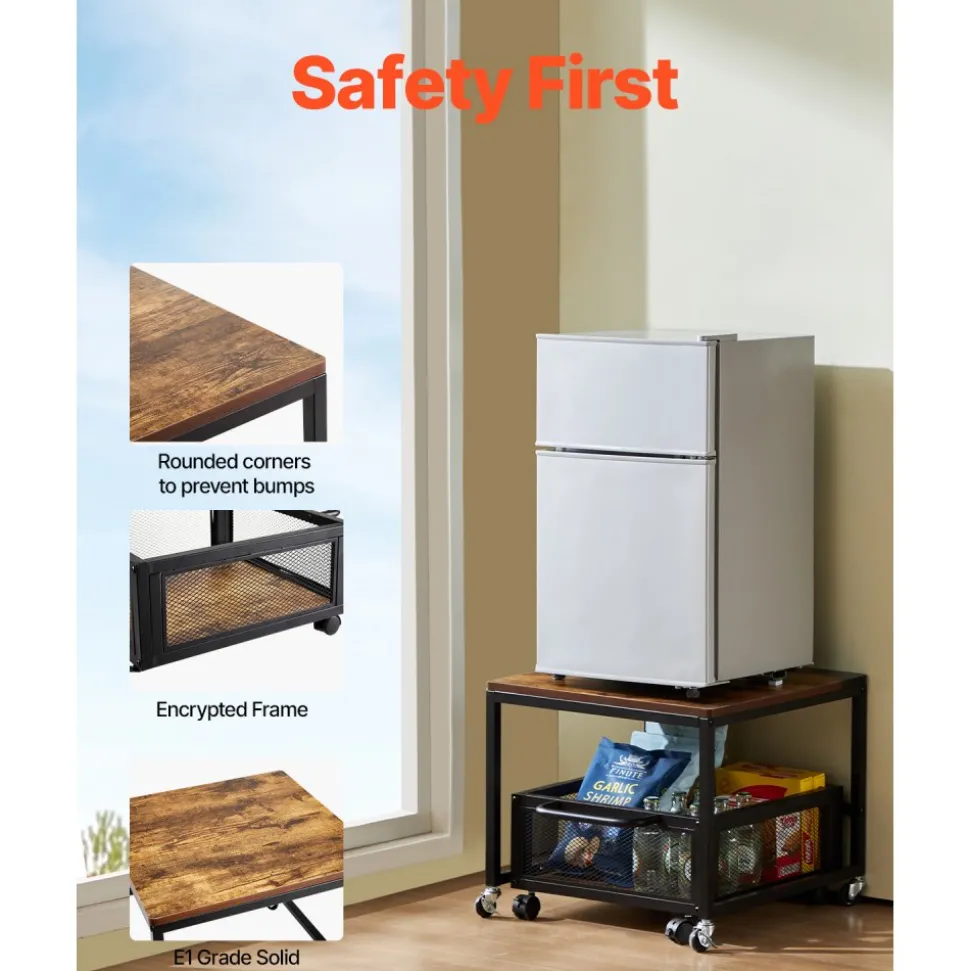 VEVOR Mini Fridge Stand with Storage, 198 lbs Mini Fridge Table with Movable Storage Cart & Swivel Wheels, Beverage Refrigerator Stand for Coffee Bar, Mini Fridge Organizer for Home Dorm, Light Brown