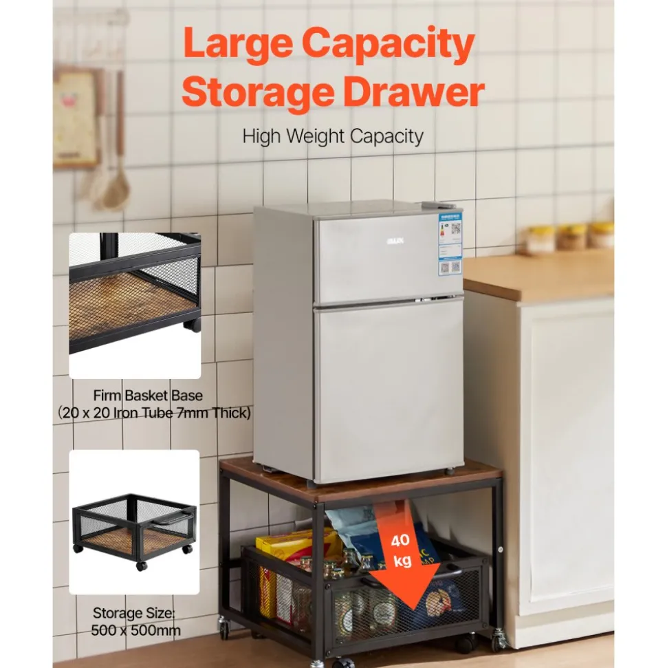 VEVOR Mini Fridge Stand with Storage, 198 lbs Mini Fridge Table with Movable Storage Cart & Swivel Wheels, Beverage Refrigerator Stand for Coffee Bar, Mini Fridge Organizer for Home Dorm, Light Brown