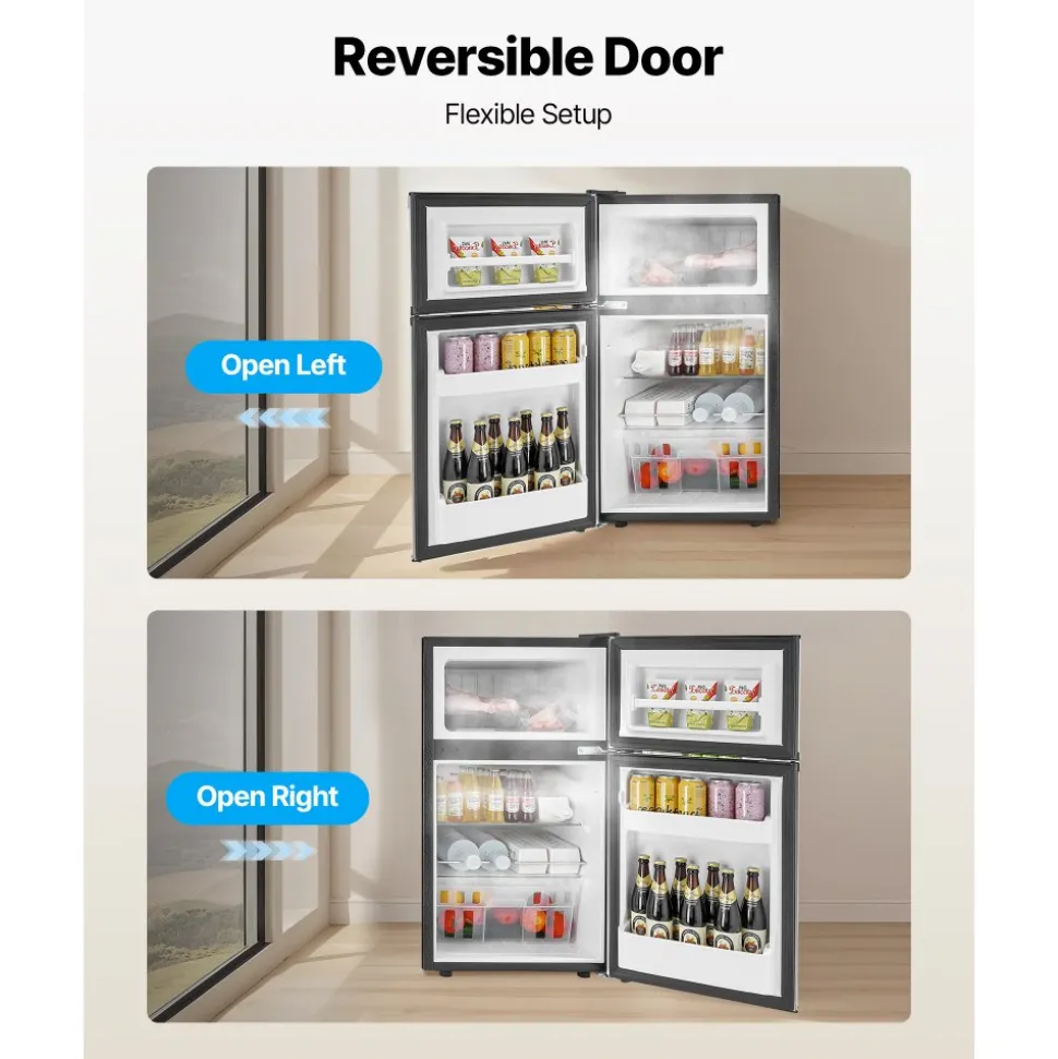 VEVOR Mini Fridge with Freezer, 3.2 Cu.Ft, Two Door Compact Refrigerator, Adjustable Temperature, Shelf, Energy Efficient Small Fridge, Reversible Door, Low Noise, for Bedroom, Dorm, Office, Black