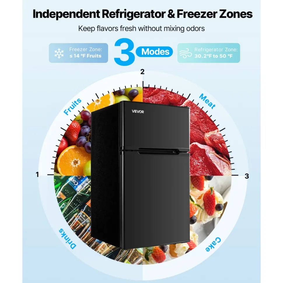VEVOR Mini Fridge with Freezer, 3.2 Cu.Ft, Two Door Compact Refrigerator, Adjustable Temperature, Shelf, Energy Efficient Small Fridge, Reversible Door, Low Noise, for Bedroom, Dorm, Office, Black