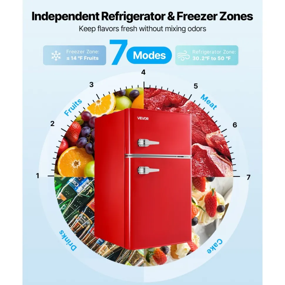 VEVOR Mini Fridge with Freezer, 3.2 Cu.Ft, Two Door Compact Refrigerator with Adjustable Temperature, Glass Shelf, Energy Efficient Dorm Fridge, Low Noise Small Refrigerator, for Bedroom, Office, Red
