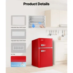 VEVOR Mini Fridge with Freezer, 3.2 Cu.Ft, Two Door Compact Refrigerator with Adjustable Temperature, Glass Shelf, Energy Efficient Dorm Fridge, Low Noise Small Refrigerator, for Bedroom, Office, Red