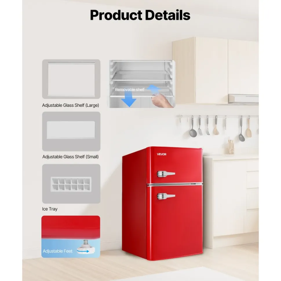 VEVOR Mini Fridge with Freezer, 3.2 Cu.Ft, Two Door Compact Refrigerator with Adjustable Temperature, Glass Shelf, Energy Efficient Dorm Fridge, Low Noise Small Refrigerator, for Bedroom, Office, Red