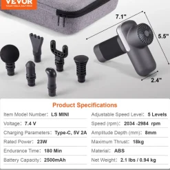VEVOR Mini Massage Gun, Percussion Muscle Massage Gun for Athletes - with 5 Speed Levels & 6 Massage Heads, 7.4V 2500mAh Batteries, Handheld Small Massage Gun for Pain Relief, Muscle Relaxation