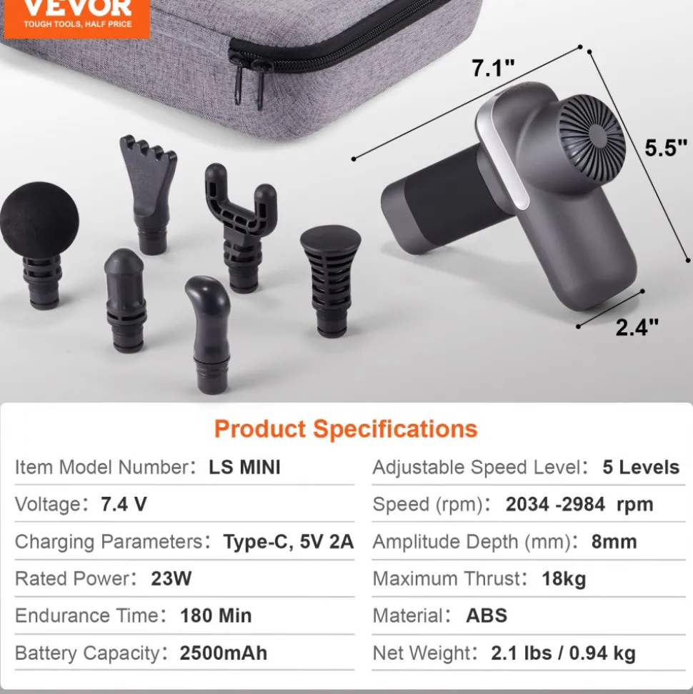 VEVOR Mini Massage Gun, Percussion Muscle Massage Gun for Athletes - with 5 Speed Levels & 6 Massage Heads, 7.4V 2500mAh Batteries, Handheld Small Massage Gun for Pain Relief, Muscle Relaxation
